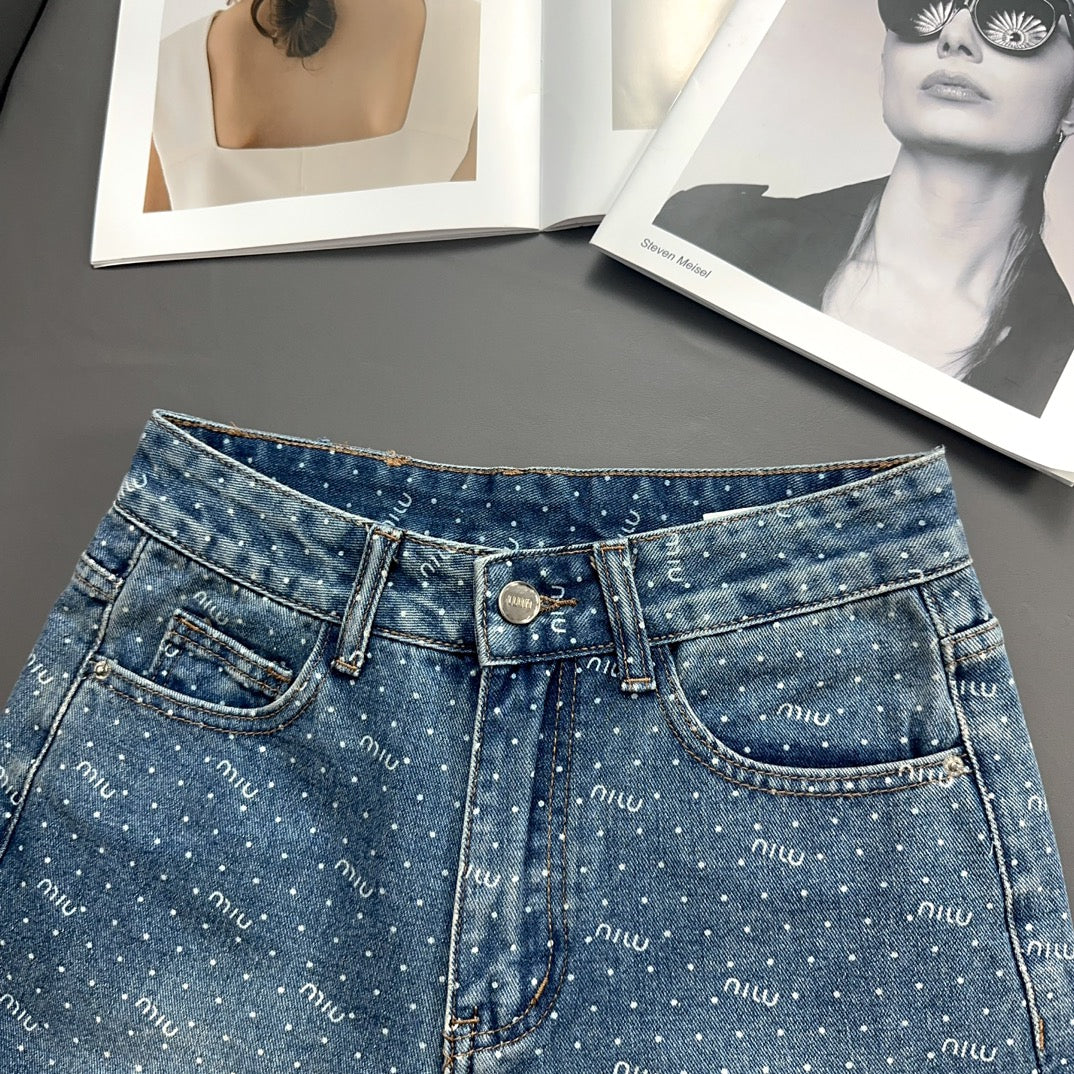 Polka dot denim shorts