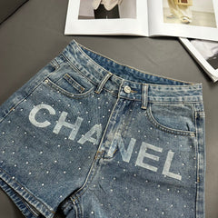 Rhinestone Lettering Denim Shorts