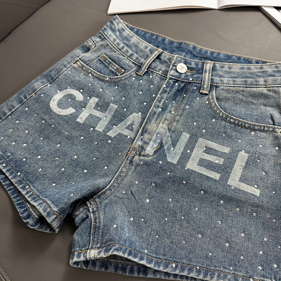 Rhinestone Lettering Denim Shorts