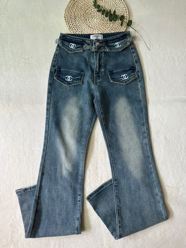 Raw-edge denim flared pants