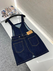 Navy blue denim suspender skirt