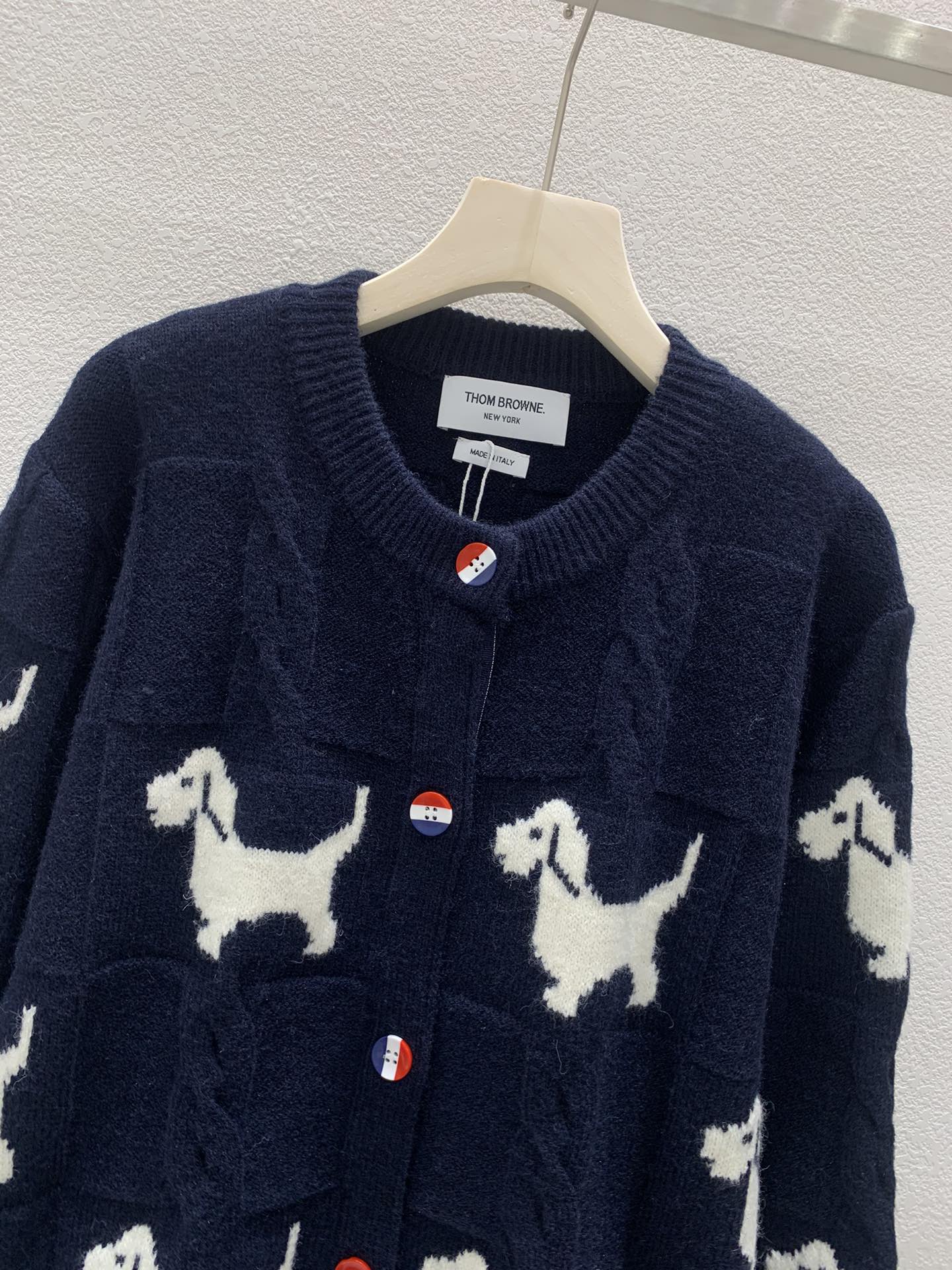 Puppy print knitted crew neck cardigan