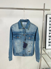 Logo embellished washed denim belted jacket