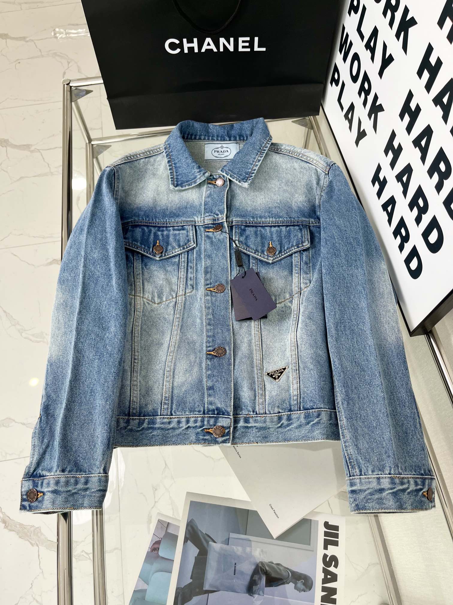 Logo embellished washed denim belted jacket