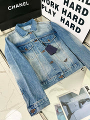 Logo embellished washed denim belted jacket