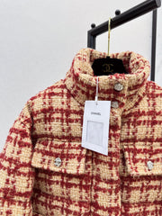 Ski tweed plaid stand collar down jacket