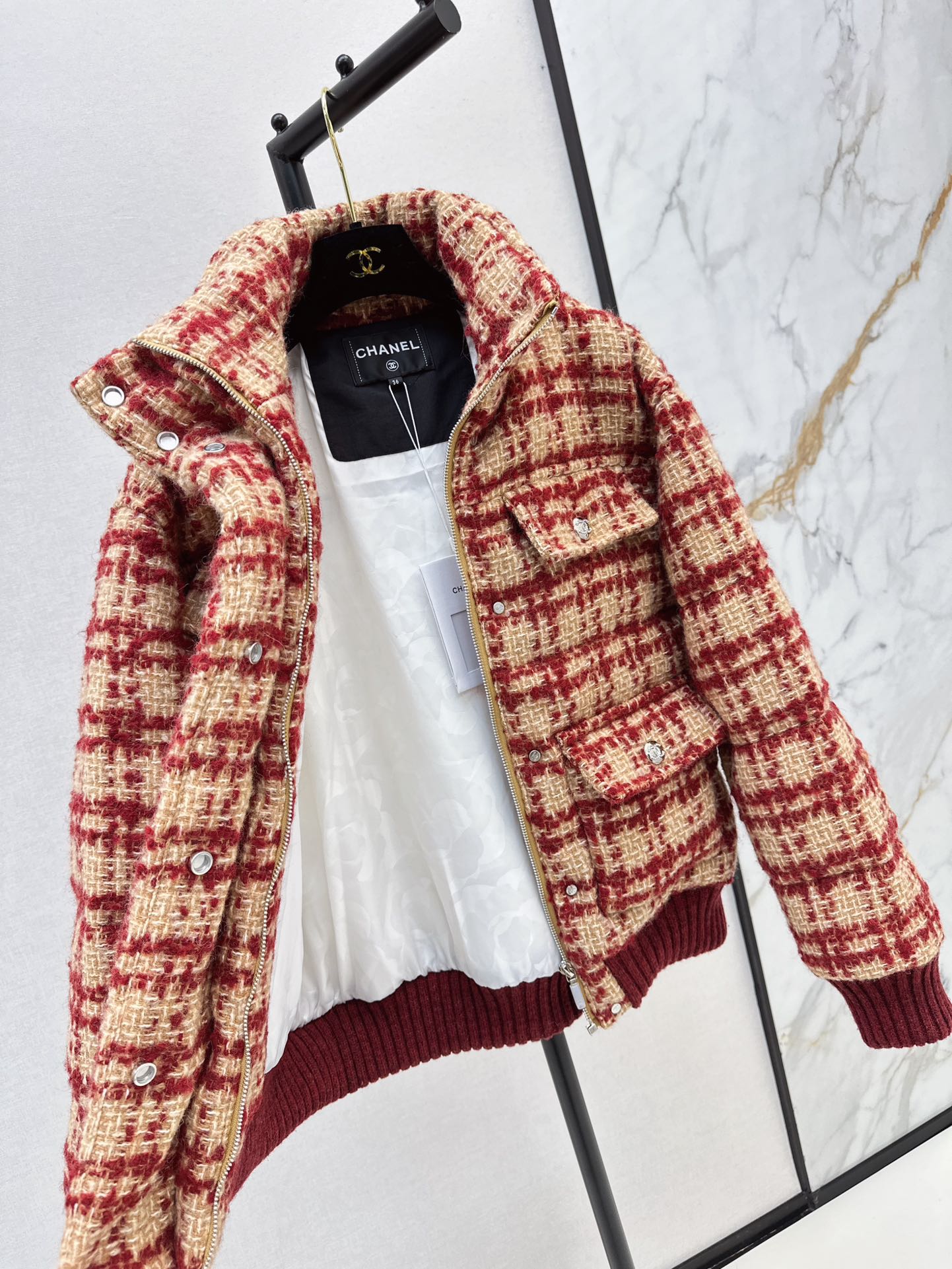 Ski tweed plaid stand collar down jacket