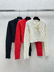 Cashmere cable-knit bow-tie crewneck long-sleeved top