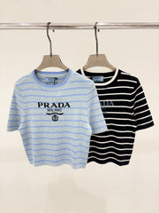 Round neck color matching striped print simple knitted short sleeves