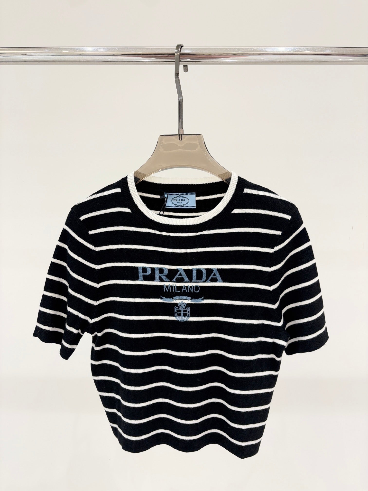 Round neck color matching striped print simple knitted short sleeves