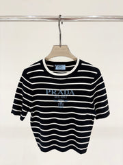 Round neck color matching striped print simple knitted short sleeves