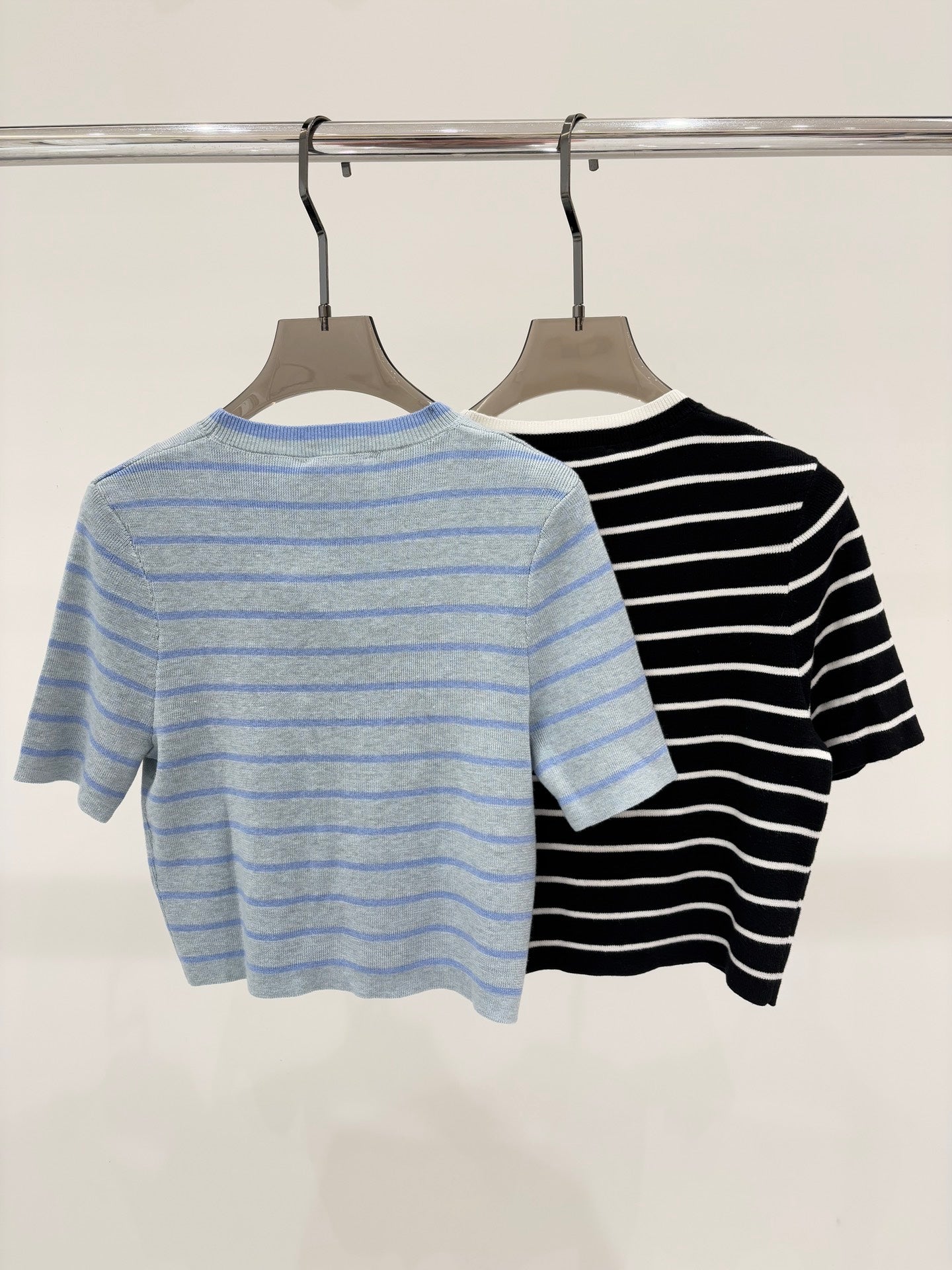 Round neck color matching striped print simple knitted short sleeves