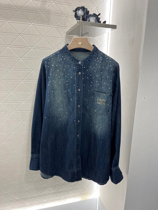 Retro washed rhinestone denim shirt