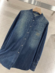 Retro washed rhinestone denim shirt