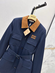 Contrast color corduroy lapel silhouette trench coat