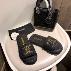 Raffia woven leather half slippers
