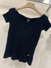 Three-dimensional crochet knitted short-sleeved top