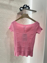 Three-dimensional crochet knitted short-sleeved top