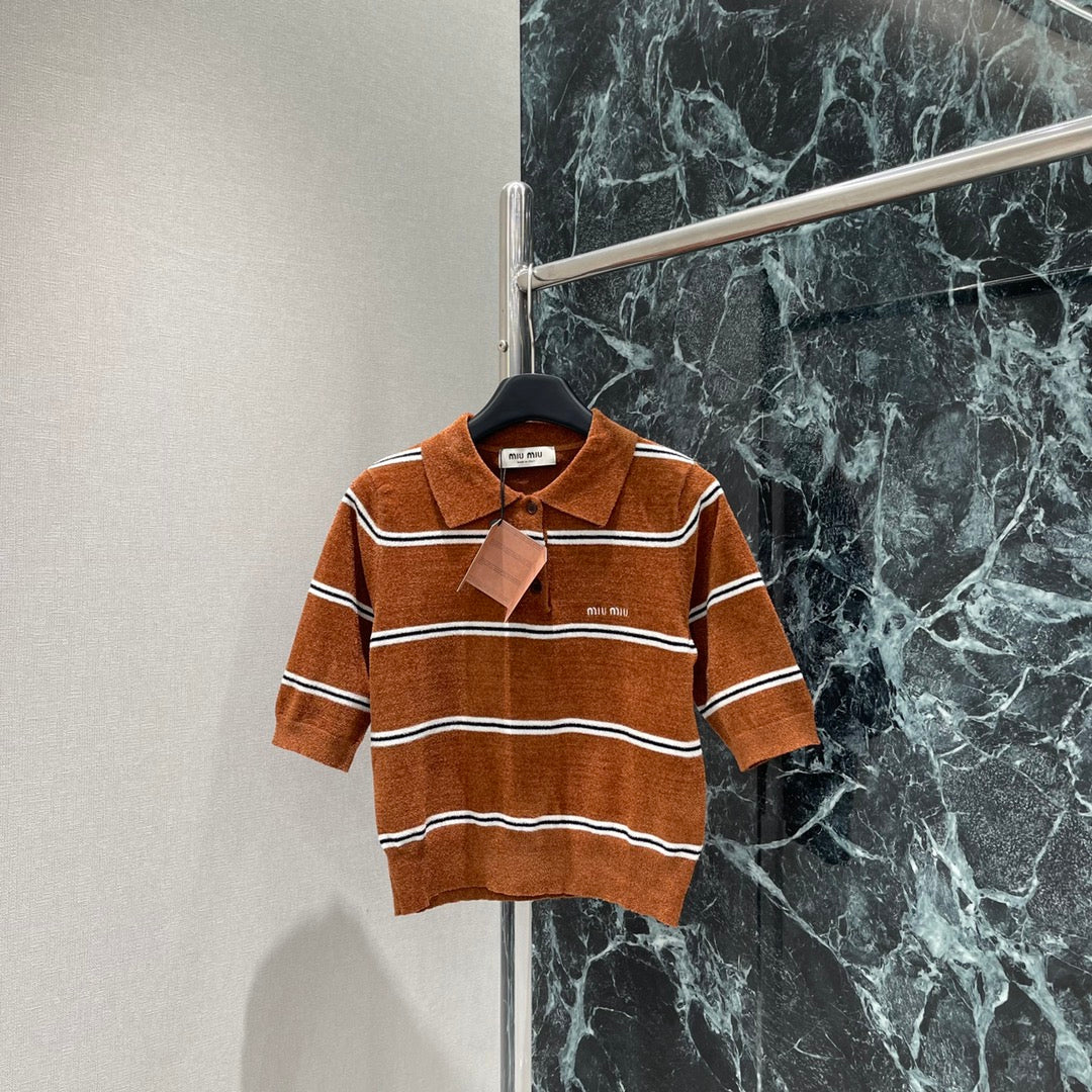 Lapel striped knitted short sleeves