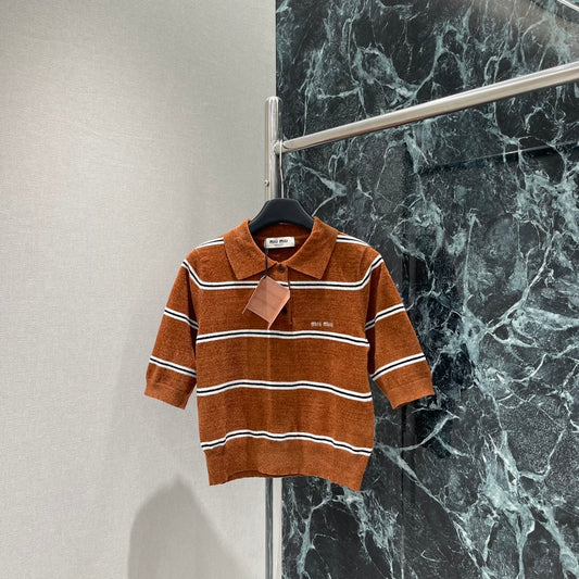 Lapel striped knitted short sleeves