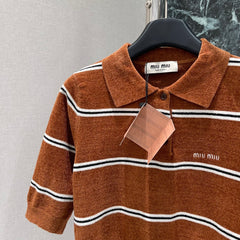 Lapel striped knitted short sleeves