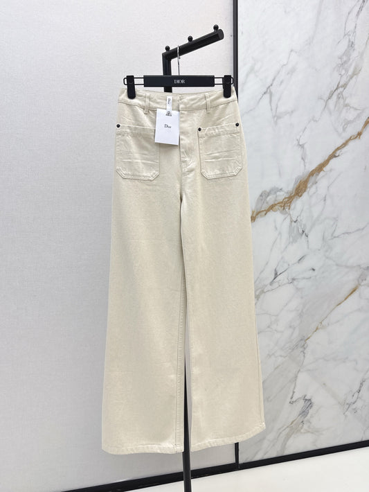 Mid-high waist double pocket straight jeans
