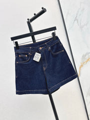 Denim shorts with letter leather patch