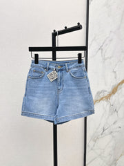 Denim shorts with letter leather patch