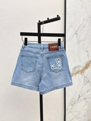 Denim shorts with letter leather patch