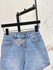 Denim shorts with letter leather patch