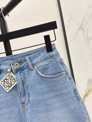 Denim shorts with letter leather patch