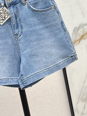 Denim shorts with letter leather patch