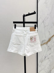 Denim shorts with letter leather patch
