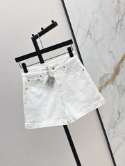 Denim shorts with letter leather patch