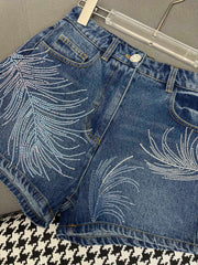 Feather pattern rhinestone shorts