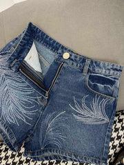 Feather pattern rhinestone shorts