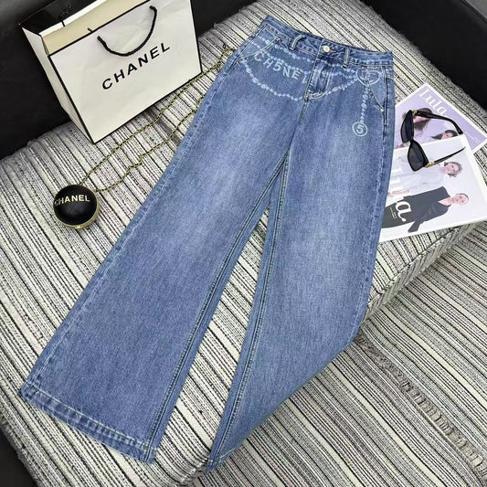 Alphabet chain print denim straight pants