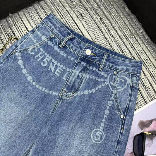 Alphabet chain print denim straight pants