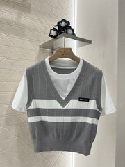 Contrasting color fake two-piece cotton top