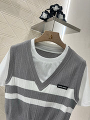 Contrasting color fake two-piece cotton top