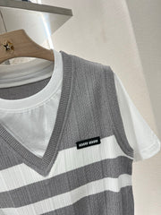 Contrasting color fake two-piece cotton top