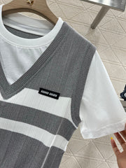 Contrasting color fake two-piece cotton top
