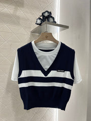 Contrasting color fake two-piece cotton top