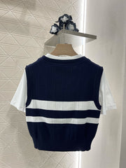 Contrasting color fake two-piece cotton top