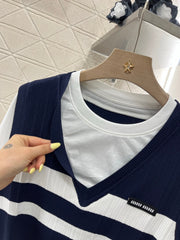 Contrasting color fake two-piece cotton top