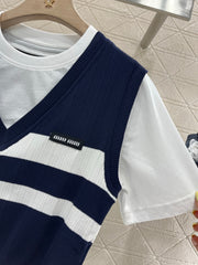 Contrasting color fake two-piece cotton top