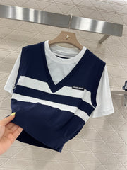 Contrasting color fake two-piece cotton top