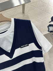 Contrasting color fake two-piece cotton top