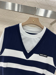 Contrasting color fake two-piece cotton top