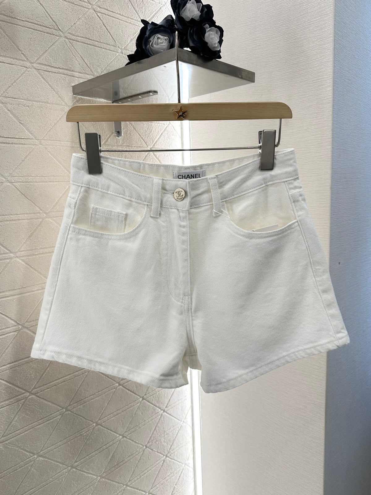 Sequined letter denim shorts